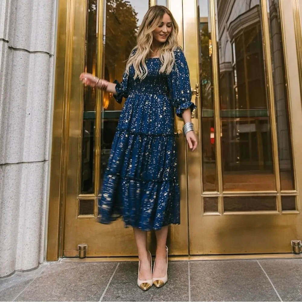 Ivy City Co Starry Nights Dress Navy Blue Gold Stars Size Medium - Picture 2 of 7